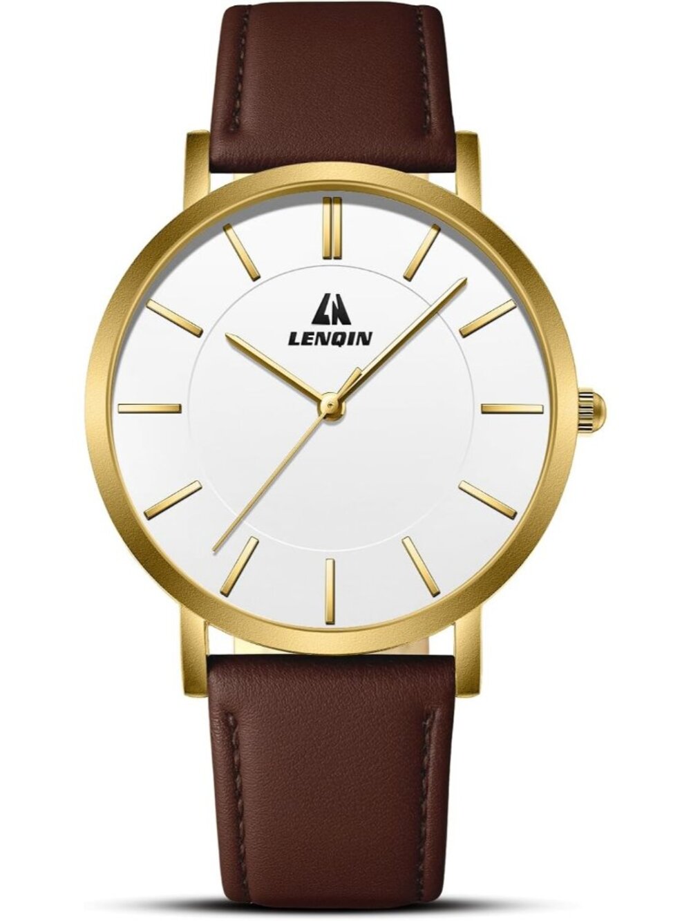 LN LENQIN Men's Gold White Brown Analog Quartz Leather Strap Wrist Watch